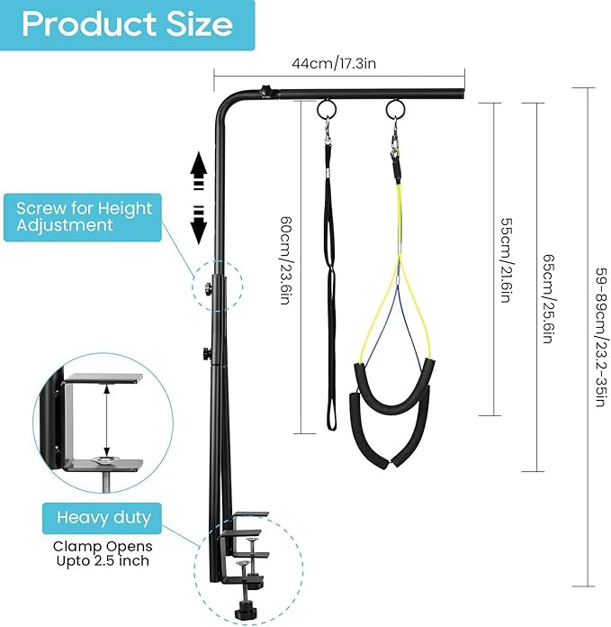 Dog Grooming Arm, Adjustable Pet Grooming Arm with Clamp for Small and Medium Dogs,Grooming Loop and No Sit Haunch Holder (Black, 35" H Arm + Heavy Duty Double Clamp + Hammock)