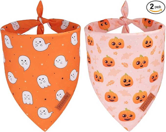 PTDECOR Halloween Dog Bandana, Cute Ghost Pumpkin Design Reversible Holiday Pet Scarf, Adjustable Orange Yellow Halloween Bandanas for Small Dogs Puppies Cats(Small)