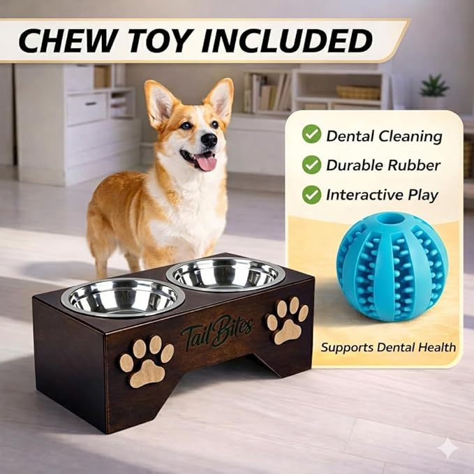Raised Dog Bowls for Medium Sized Dogs – Wooden Elevated Dog Feeder Stand with 2 Stainless Steel Bowls + Chew Treat (14” x 7” x 6”)