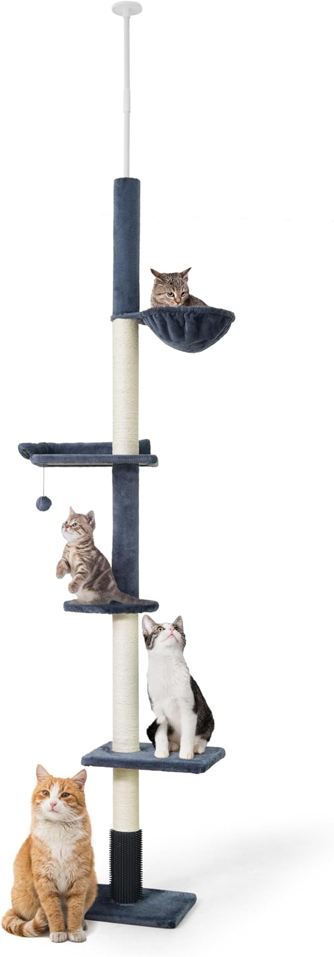 BOWHAUS Floor to Ceiling Cat Tree, Adjustable Height 104”-115” Multi-Tier Cat Climbing Tower w/Itching Scratcher, Cozy Hammock, Interactive Playball, Platforms for Indoor Cats, Dark Grey