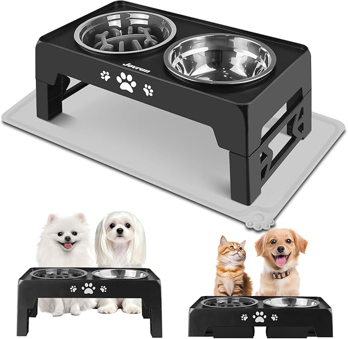 Jovrun Elevated Dog Bowls for Small Dogs and Cats with Mat, Non-Slip Cat Bowls with 1*Stainless Steel Dishes & 1*Slow Feeder Bowl, Dog Feeder 2 Heights Adjustable to 2.6"-5.3"