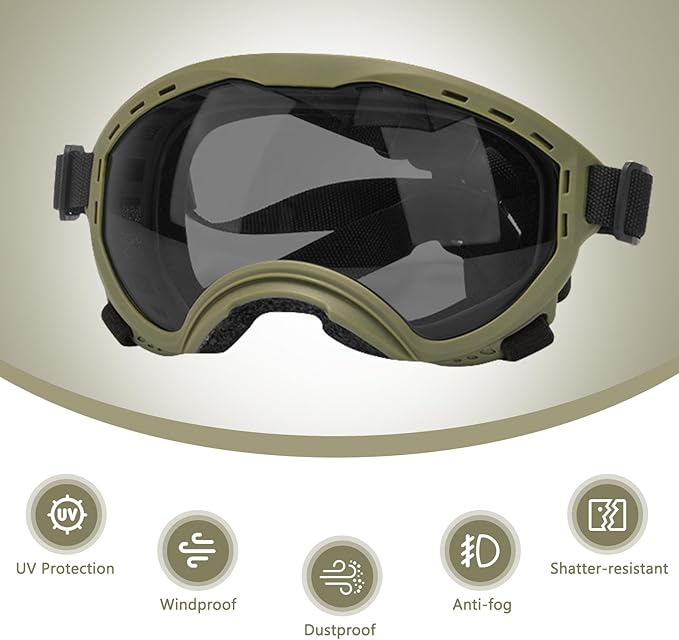Dog Goggles for Medium to Large Breeds, UV Protection Dog Sunglasses with PC Lens, Soft TPU Frame and Adjustable Straps, Windproof Dustproof Anti-Fog Pet Eyewear for Outdoor Activities (Green Frame)