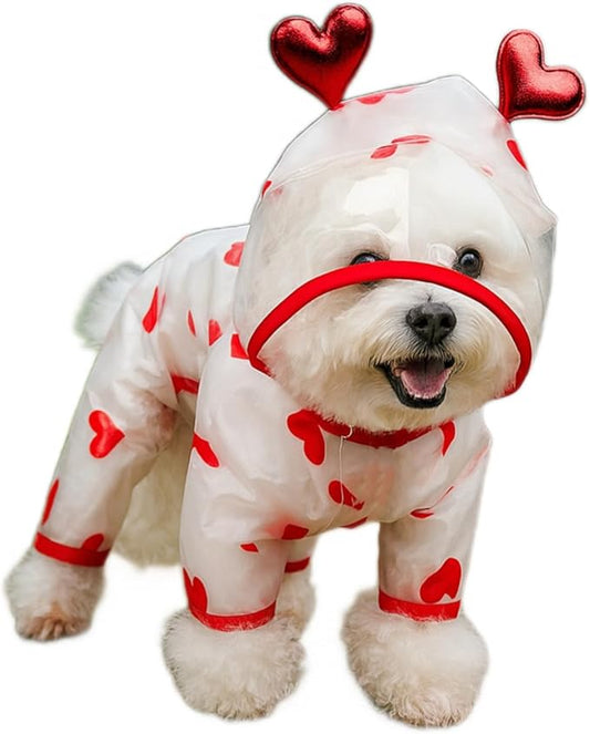Waterproof Dog Raincoat,Full Coverage 4 Legs Dog Rain Jacket for Small Dogs,Pet Rain Coat with Hood,Reflective Strips&Leash Hole Outdoor Raincoat (X-Large（for Weight 11.1-14.6 lb）, Heart)