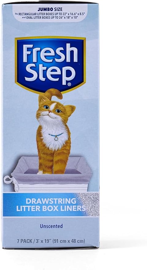 Fresh Step Jumbo Drawstring Cat Litter Box Liners Unscented Heavy Duty Kitty Litter Bags X-Large Oval or Rectangle Pans Contains Mess Easy Lift Out Cleanup 36 x 19 IN 7 Count 36 Pack