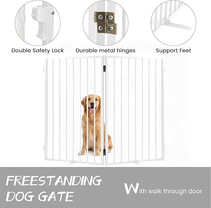 Metal Freestanding Dog Gate with Cat Door for Indoor & Outdoor,30" Tall Foldable Dog Fence,40" Extra Wide Freestanding Pet Gate for Large Openings,RV Camping,Stairs,Deck,Yard,Doorways(2 Panels,White)