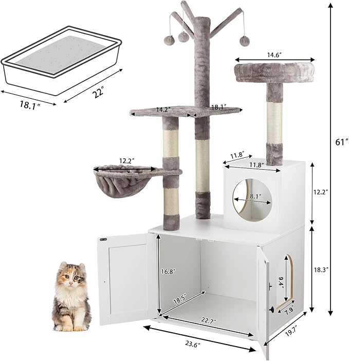 Timberer Litter Box Enclosure with Cat Tree, 2-in-1 Hidden Litter Box Furniture with Scratching Post, Modern Cat Condo, White