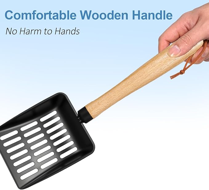 Cat Litter Scoop, Metal Litter Scoop, Heavy Duty Metal Cat Scooper for Litter Box, Black Sifter Scoop for Pellets, Wooden Handle Scoop with Hole, Kitty Necessity (Cat Litter Scoop Long)