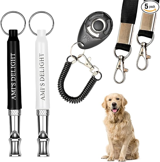 Ami's Delight Dog Whistle Set of 5 | 2PCS Premium Quality Adjustable Dog Whistles with 2 Black Lanyards and a Dog Clicker | Ultrasonic Dog Whistle to Stop Barking Neighbors Dog