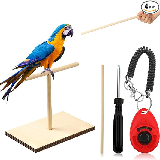 3 Pcs Bird Training Stand Kit, Parrot Training Clicker Portable Tabletop Bird Perch and Target Stick, Wooden Spin Perch Clickers with Wrist Strap for Parakeet Conure Lovebird Cockatiel