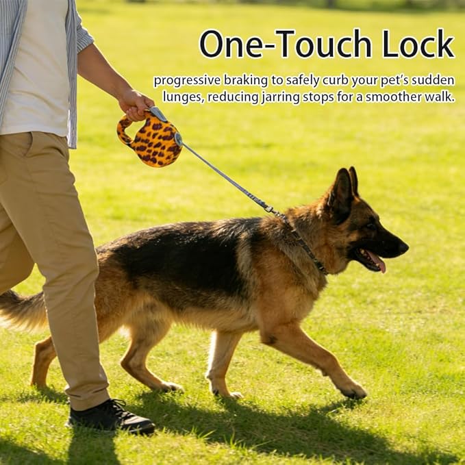 Retractable Dog Leash for Medium & Large Dogs up to 80 lbs, One-Handed Brake, 180kg Strong Nylon Tape, Tangle Free, Anti-Slip Handle (M & L Size) (Leopard Print, M-4M)