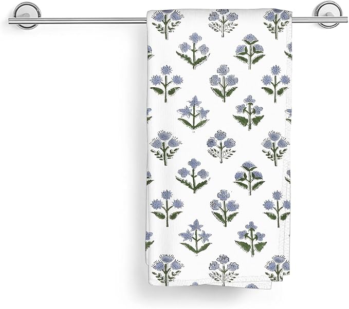 Blue Sage Green Floral Kitchen Towels Vintage Block Print Dish Towel 16×24 Inch Soft Absorbent Spring Summer Flowers Hand Cloths Decorative for Kitchen Drying Set of 2