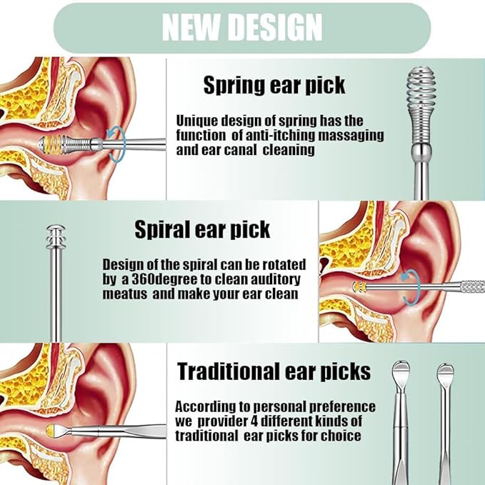 6 Pcs Ear Pick Earwax Removal Kit, Cleansing Tool Set, Curette Cleaner, 360degree Spiral Design Canal Cleaner Stainless Steel, with a Storage Box Portable Kit (Green), 11.7x2.8x2cm