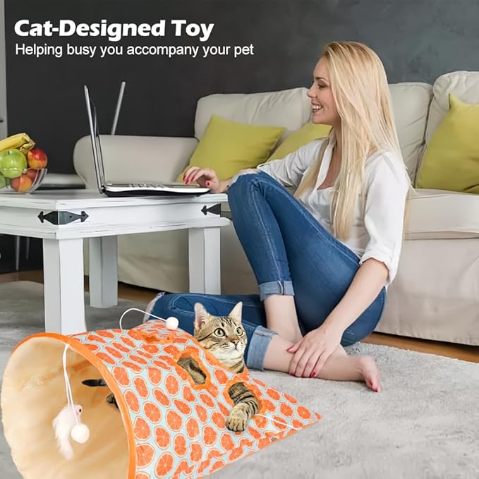 Cat Tunnel Toy, Cat Tunnel Bags with 1 Little Mouse & 3 Ball Crinkle Sack Bag for Cats, Portable Training Cave Collapsible Interactive Cat Drill Bag Pet Toy, Cat Self Interactive Toys(Orange)