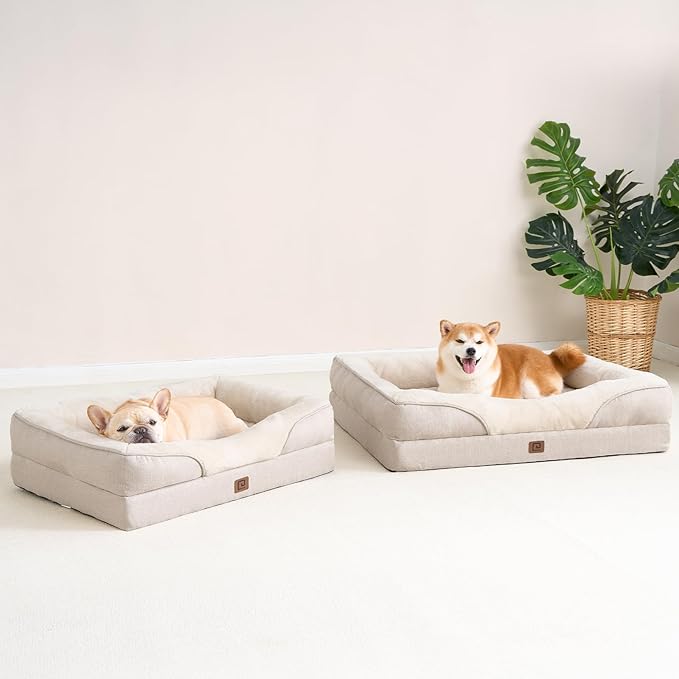 EHEYCIGA Orthopedic Dog Bed for Large Sized Dog, 36x27 Inch Large Memory Foam Dog Couch Bed with Sides, Waterproof Liner & Washable Removable Cover, Bolster Pet Sofa, Beige
