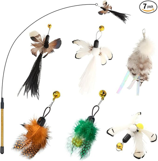 Hokaad Cat Insect Feather Toys - Feather Wand & 6 Natural Insect Refills - Interactive Cat Teaser with Bell