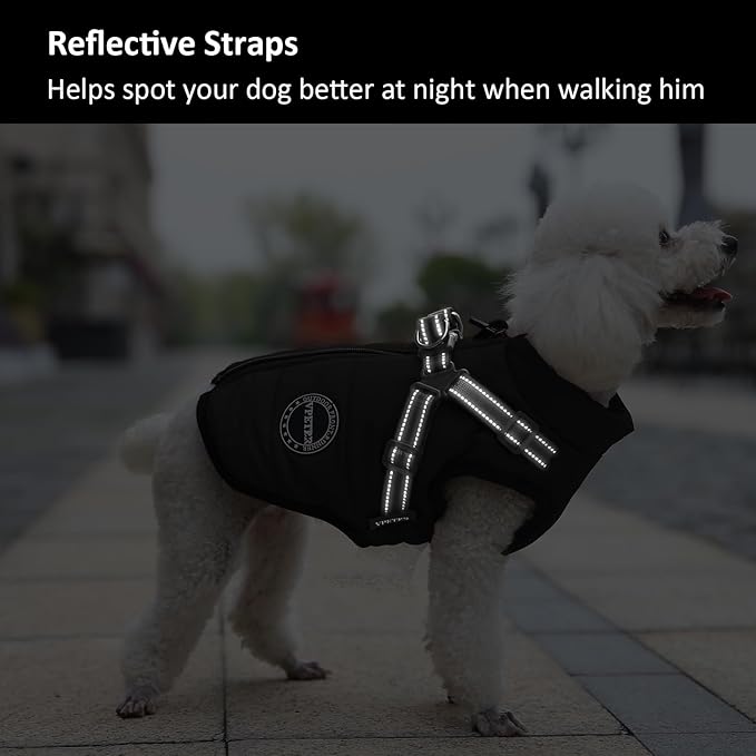 Dog Winter Coat, Warm Dog Jacket Paded Polyester Dog Vest with Built in Harness, Waterproof Windproof Reflective Cozy Adjustable Snow Pet Coat Clothes with Zipper for Small Medium Dogs