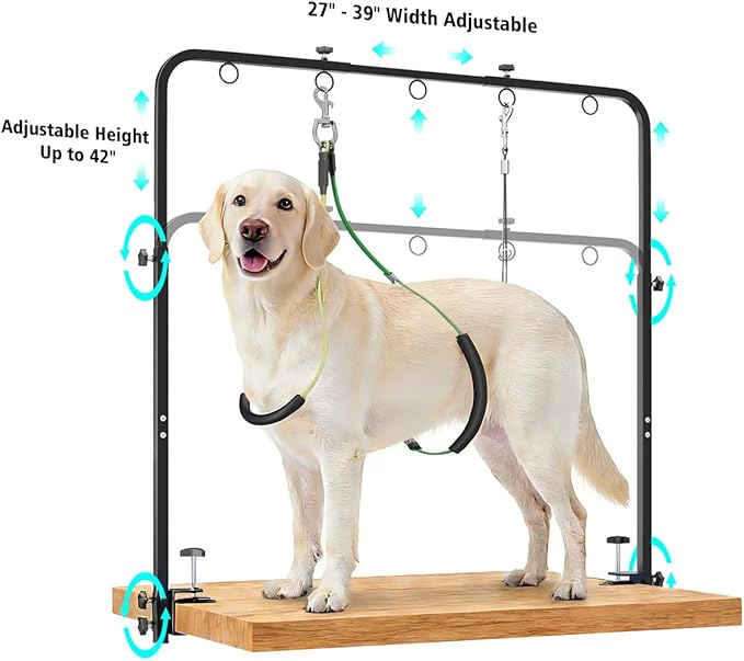 Portable Adjustable Dog Grooming Arm for Table- Pet Grooming Table Arm with Hammock & 2 Nooses, 42" Height Adjustable and 27" - 39" Width Adjustable,Applicable to Home & Store Pets
