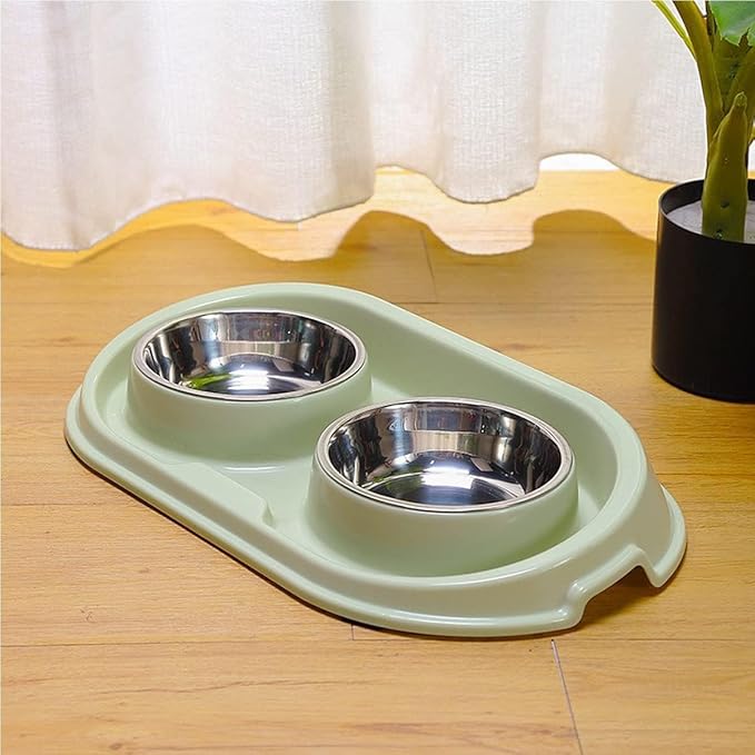 Double Dog Cat Food Bowls, Stainless Steel Pet Bowls Dog Water Bowls with No-Spill and Non-Skid PP Station, Food Water Feeder for Cats and Small Dogs