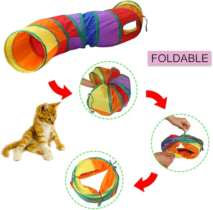 Andiker Cat Tunnel, S-Shape Cat Tube Collapsible Kitten Play Toy with 2 Side Holes for Kitten Exercising Hiding Training and Running Cats Toy for Indoor Cats(Multi-Colored)