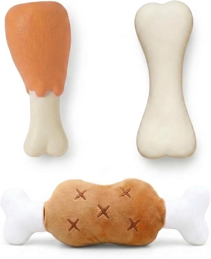 3 Pack Squeaky Dog Toy Bundle, Realistic Chicken Drumstick & Bone Latex Chews with Plush Meat Steak, Interactive Water-Resistant Dog Toys for Small to Medium Dogs, Puppies