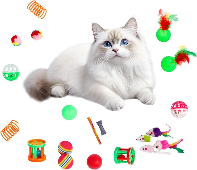 22 Pcs Cat Toys for Indoor Cats Collapsible 3 Way Cat Tunnel Interactive Feather Teaser Wand Ball Toy for Kitten Cats (22pcs-3 Way)