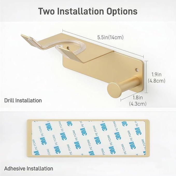 Hair Dryer Holder, Blow Dryer Holder with Cord Hook SUS304 Stainless Steel Wall Mount, Self Adhesive/Screw Space Saving Hairdryer Holder for Bathroom Gold