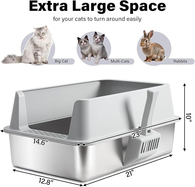 XL Stainless Steel Litter Box with Lid, Extra Large High Sided Metal Cat Litter Box with Mat and Scooper, Easy Clean, Non Stick & No Smell