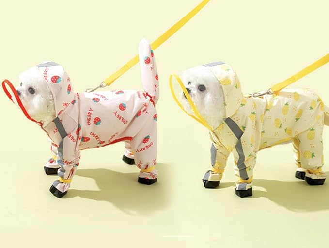 Waterproof Dog Raincoat,Full Coverage 4 Legs Dog Rain Jacket for Small Dogs,Pet Rain Coat with Hood,Reflective Strips&Leash Hole Outdoor Raincoat (Small（for Weight 3.3-5 lb）, Strawberry)