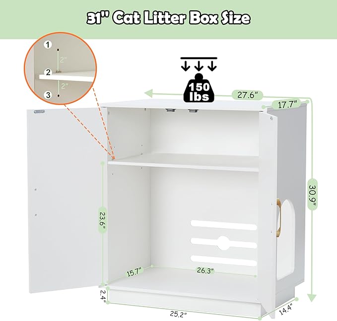 Gitelsnour Litter Box Enclosure, 30.9'' High Large Litter Box Furniture, Modern Cat Litter Box Enclosure with Hidden Storage, Side Table, End Table, White GCLB003WT