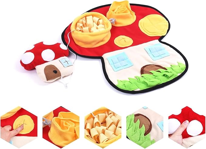Ferret Cats Snuffle Mat Fleece Foraging Mats Interactive Feeding Toy Small Animal Rabbit Guinea Pig Rat Hamster Anti Slip Treat Dispenser Slow Feeder (Mushroom)