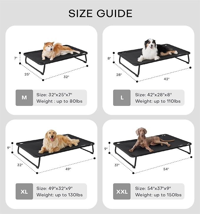 MADE 4 PETS Elevated Outdoor Dog Bed for Extral Large Dogs – Heavy-Duty Raised Cot with Breathable Cooling Mesh, No-Slip Feet, Chew-Resistant Frame, Indoor & Outdoor Pet Hammock, 49"x32", Black