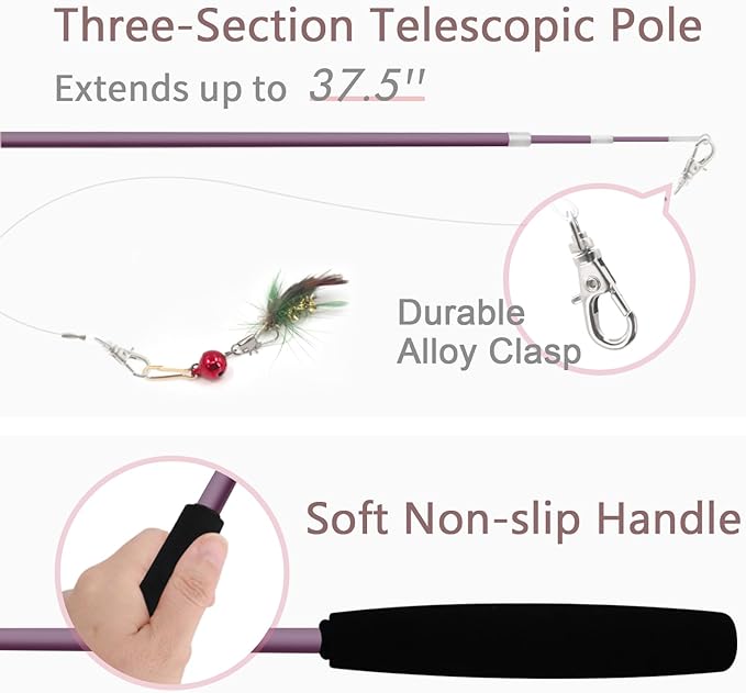 SONGWAY Cat Teaser Wand Toy - 10 Pieces Insect Cat Feather Toy Set with Retractable Wand and Feather Refills with Bell, Interactive Toys for Indoor Cats