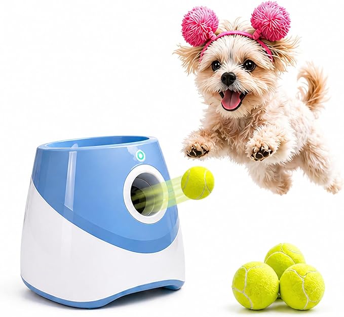 Automatic Dog Ball Launcher, Dog Ball Thrower Machine with 10-30 Ft 3 Launching Distance, Interactive Toys for Small Dogs Indoor & Outdoor with 6 Mini Tennis Balls (2 inch), Rechargeable, Blue