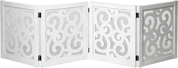 Ashfield & Harkness: 4-Panel Pet Gate - Scroll White - Wooden Foldable Freestanding Dog Fence, 80 x 23.5, Doorways-Halls-Stairs, 360 Rotated Hinges