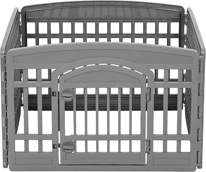 IRIS USA 24" Dog Playpen 4-Panel Pet Exercise Pen with Door Gate 35 x 35 x 24 Puppy Play Pen Indoor Outdoor Plastic Foldable Portable Pet Fence for Small Medium Dogs Puppies Multiple Pets Gray