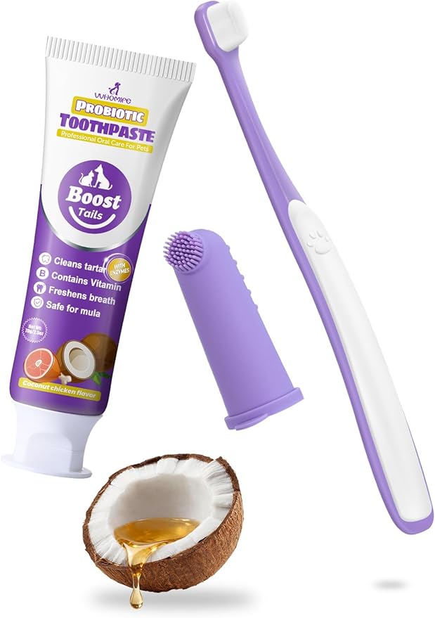 Vet Recommended Small Dog Teeth Brushing Kit - Soft Brush and Finger Brush removes 99% of Plaque, Natural Coconut Chicken-Flavored Toothpaste 2.5 oz. for Fresh Breath