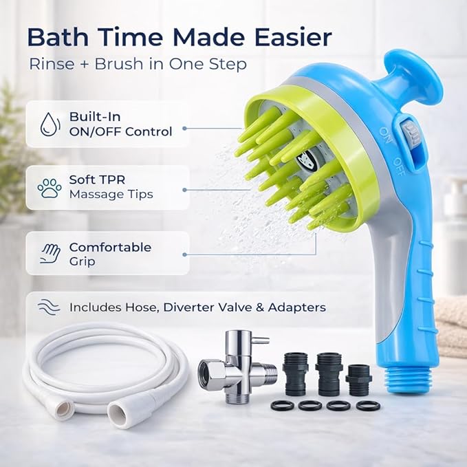 Pet Bathing Sprayer with Soft TPR Massage Brush, Dog Shower Sprayer Attachment with On/Off Switch, Handheld Pet Bath Shower Head with 78.7" Hose, Diverter Valve and Adapters for Dogs and Cats (Blue)