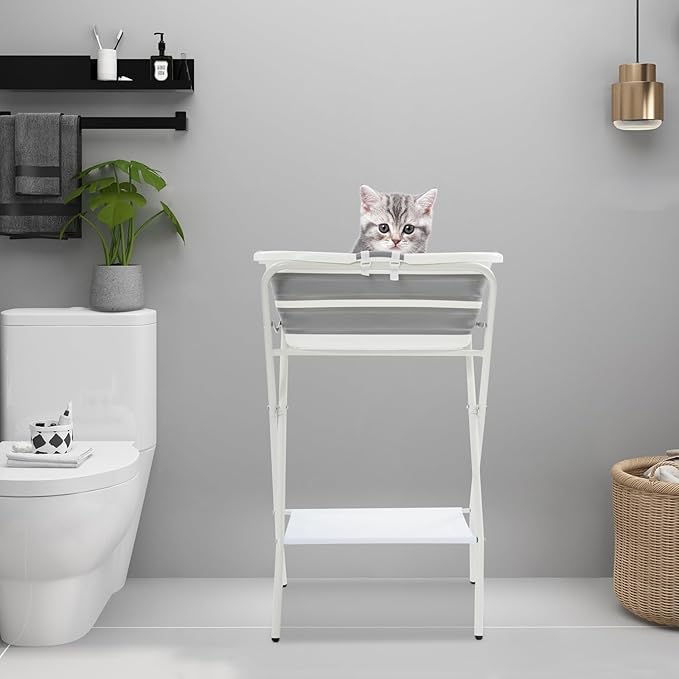 Foldable 2 in 1 Pet Bathtub with Stand, 38.8" Elevated Dog Bath Tub for Small Pets, Portable Grooming Station w/Drain Hose & Safety Belt, Small Dogs Cats Pet