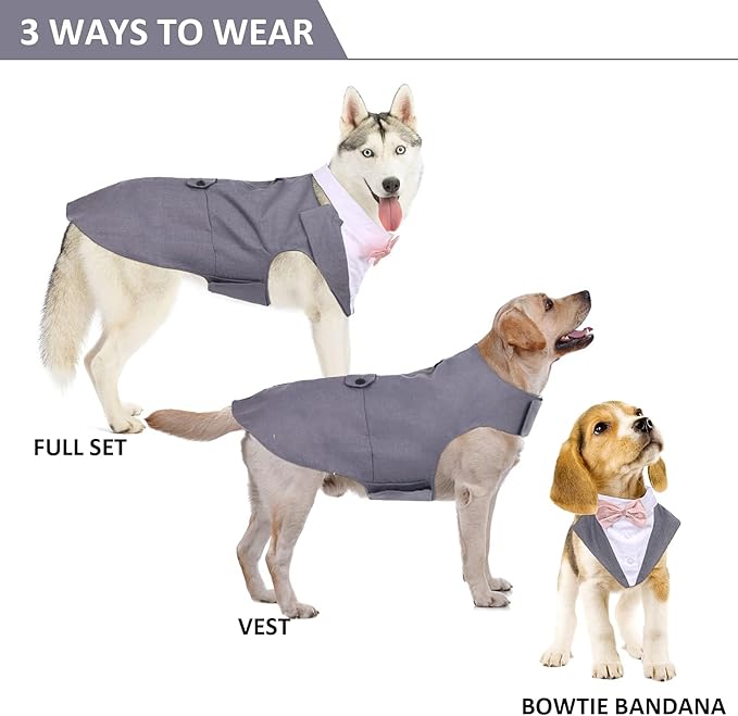 DORA BRIDAL Dog Tuxedo for Large Dogs, Dog Suit and Bowtie, Formal Dogs Wedding Outfit, Pet Tuxedo and Bandana Set Valentines Birthday Christmas Party Costumes for Labrador,Golden Retriever, Grey, L
