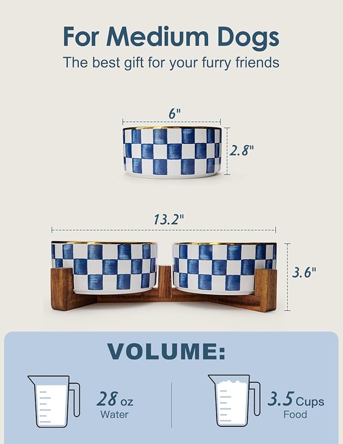 Ceramic Dog Bowls for Medium Dogs, 3.5 Cups Checkered Dog Food and Water Bowl with Acacia Wood Stand, Non-Slip Anti-Tip Elevated Feeding Station, Blue and White