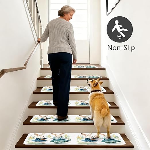 Animal Cute Rabbit Watercolor Stair Treads for Wooden Steps Indoor Washable Staircase Carpet 1PCS 30"x7.8" Stair Step Treads Non-Slip Staircase Covers Peel and Stick Safety Mat for Kids Elders Pets