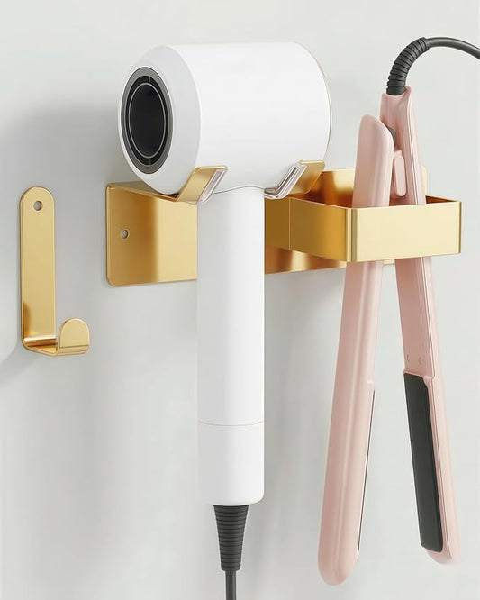 Hair Dryer and Straightener Holder, Upgraded Hair Straightener Holder with Cable Hook, Stainless Steel Universal Hairdryer Holder Wall Mounted Waterproof for Bathroom Space-Saving Gold PTALSEAW