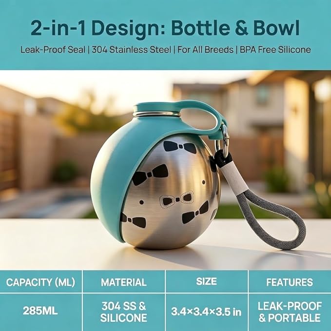 Leak-Proof Dog Water Bottle Portable, 2 in 1 Pet Travel Dispenser with Wide Bowl for Dogs, Stainless Steel No-Spill Doggy Water Cup & Silicone Trough for Walking, Hiking & On The Go