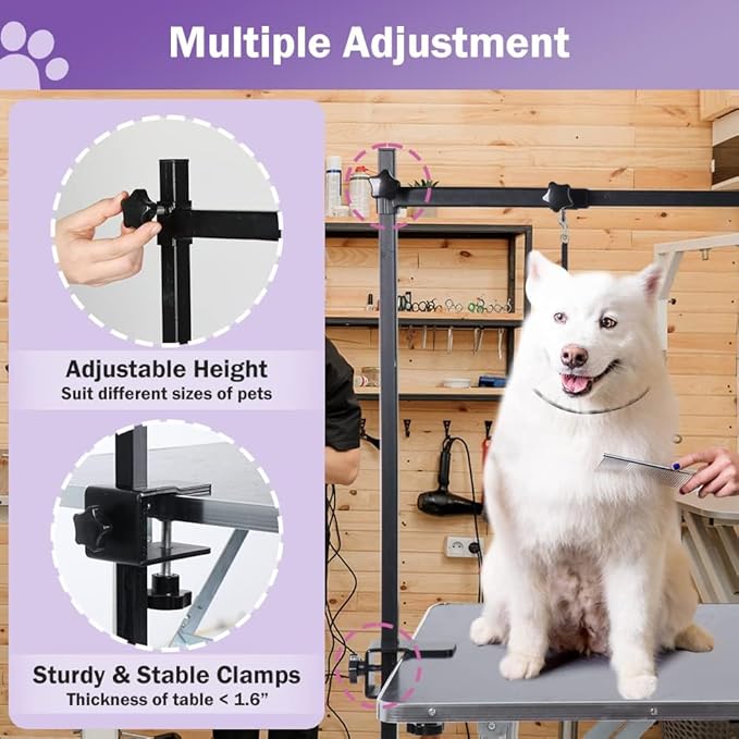 AGESISI H-Shape Dog Grooming Arm with Clamp, Heavy Duty Pet Grooming Table Arm with Loop Noose, 32" Height Adjustable and 34" - 50" Width Adjustable for Large & Medium & Small Pets, Black