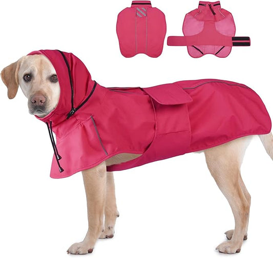 Dog Raincoat Waterproof, Reflective Adjustable Rain Jacket with Leash Hole, Convertible Hood/Collar Rain Coat for Dogs Poncho Breathable Lightweight (Neon Pink, XL)