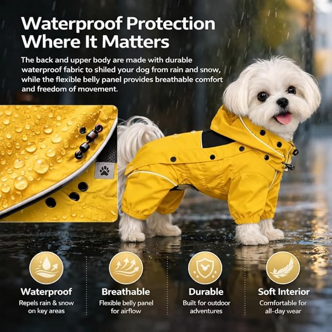 LOVELONGLONG Waterproof Dog Raincoat with Removable Hood – Outdoor Full Body Dog Jacket, Windproof Snowproof Shell Suit – All Season Pet Rain Gear Mustard Yellow XXS
