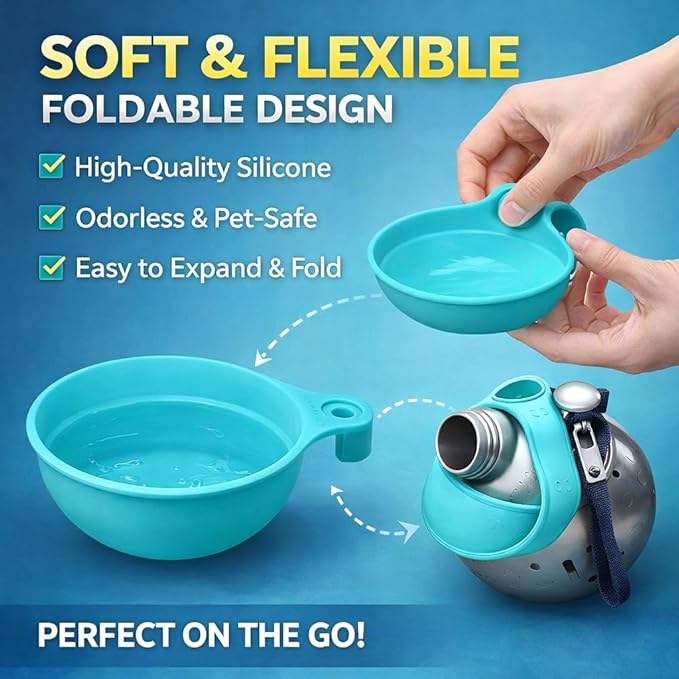 Portable Dog Water Ball, 2-in-1 Foldable Pet Water Bottle, Large-Capacity 304 Stainless Steel Cup with Foldable Silicone Bowl, Leak-Proof & Travel-Friendly, Suitable for Walks and Hiking (Blue2)