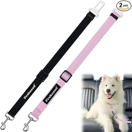 2 PCS Dog Seat Belt for Car Frskcssd Adjustable Dog Car Harness Heavy Duty Nylon Dogs Safety Seat Belt (Black+Pink)