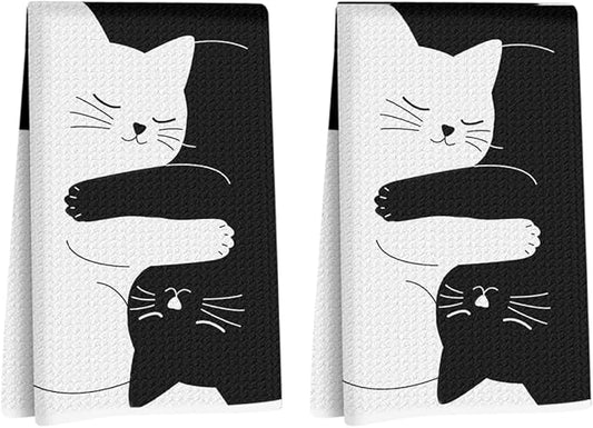 Hanamiya Na 2 Pcs Cute Cat Kitchen Towels 24x14 Inch, Cats Gifts Reusable Dish Towels for Kitchen Home Bathroom Decor, Waffle Weave Hand Cloth Tea Towel, Gifts for Cat Lovers Women Friend Girls