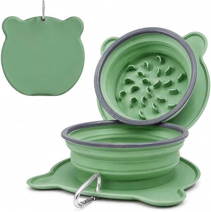 Collapsible Dog Bowls, 2-in-1 Silicone Pet Food and Water Bowl with Carabiner - Portable Double Compartment Travel Dish for Dogs, Ideal for Camping, Hiking, Car Rides, Puppy Essentials(Green)